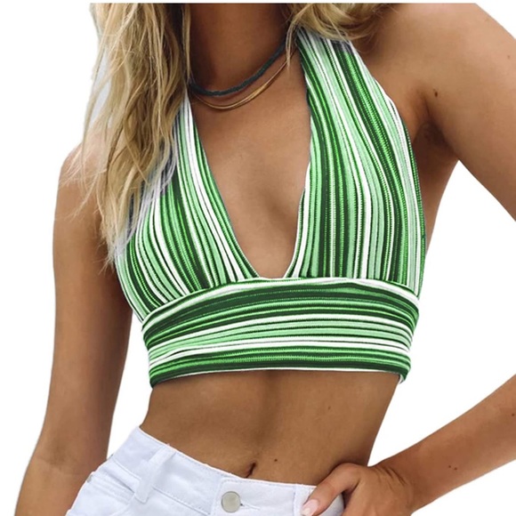 Amazon Tops - Striped Green Halter Open Back Top